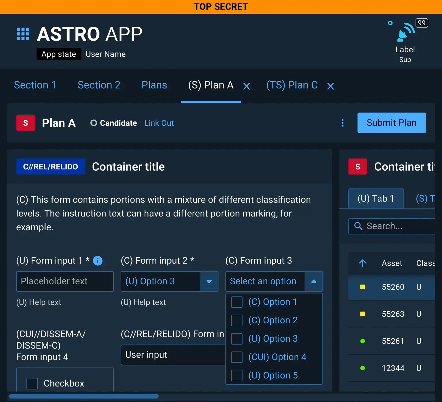 An example of in-depth portion marking with marking tags used in headings of containers and text portion markings in front of paragraph text, form element labels, help text, and options in select menus